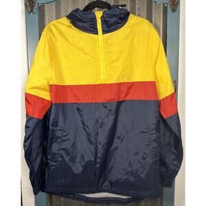 FBRK Windbreaker Hoodie Anorak Rain Jacket 1/2 Zip Navy Yellow Red Medium